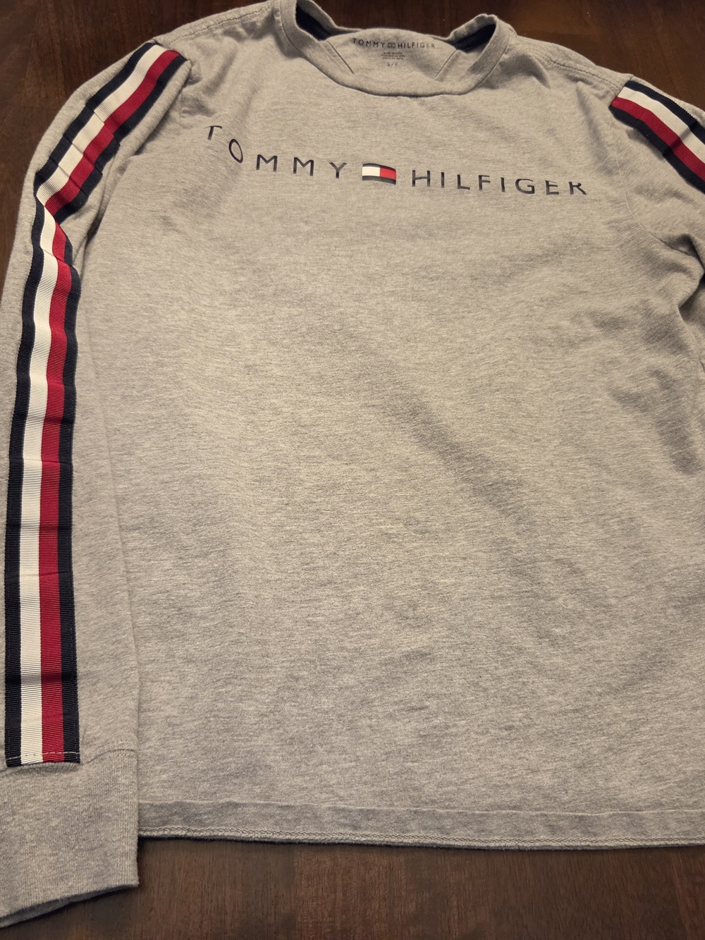 Tommy Hilfiger Light Gray Crewneck with Signature Red-White-Blue Stripe